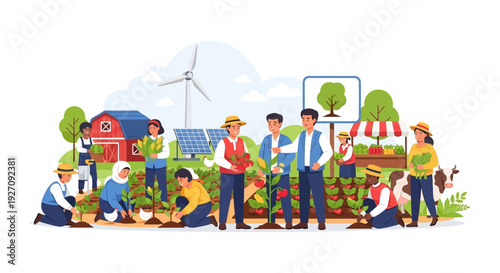 Sustainable Farming and Modern Agriculture: Diverse Farmers Working with Renewable Energy, Solar Panels, and Wind Turbines on an Organic Farm.