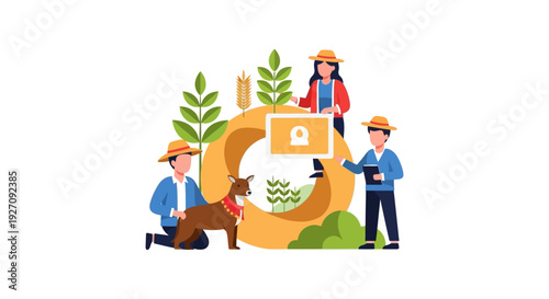Modern Agriculture Team Management: Farmers, Livestock, and Crop Technology. AgriTech and Sustainable Farming Concept.