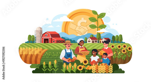 Diverse Farm Family Harvesting Crops with Financial Growth Symbol. Agribusiness Investment, Partnership, and Sustainable Agriculture Illustration.