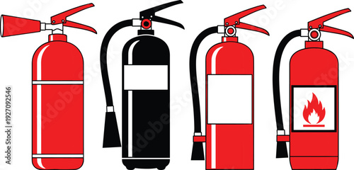 Four fire extinguishers in different colors and red fire extinguisher black fire extinguisher fire safety equipment