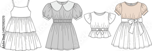 Four different styled dresses with bows and ruffles women's clothing fashion ruffled dresses bowed dresses