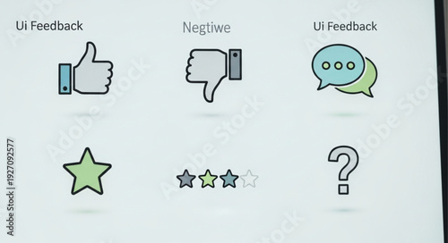 Social media feedback icons with thumbs up down stars and question mark.