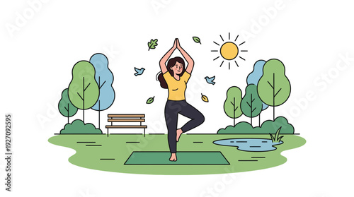 Woman Practicing Yoga in Tree Pose Outdoors in Park during Sunny Day