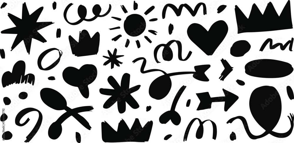 Fototapeta premium Abstract doodle elements hearts crowns arrows stars sun shapes black ink on transparent background