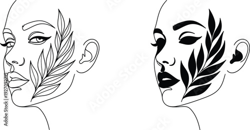 Minimalist Line Art of Two Women's Faces in Profile with Stylized Leaves Adorning Their Features