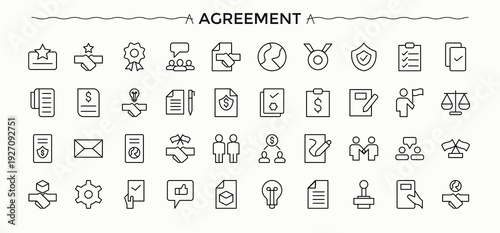 Agreement icon set. Deal line icon set. Line symbol and sign. Includes thin line symbols document, settlement, consensus, approval, deal and more. Editable stroke. Vector collection.