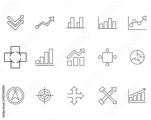 A collection of 15 black and white line art icons related to business finance and statistics on a white background