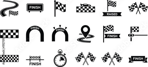 Racing Finish Line Icons Set, Checkered Flag Symbols Collection, Motorsport Competition Elements, Black Silhouette Vector Illustration Isolated on White Background for Graphic Design