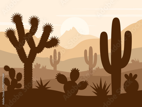 Desert landscape with silhouette of saguaro and joshua trees under a hazy sun cactus