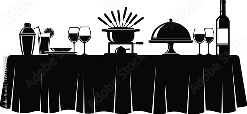 Restaurant Table Setting with Wine Glasses, Fondue Pot, Cocktail Shaker and Serving Tray Black Silhouette Vector Illustration for Fine Dining Concept