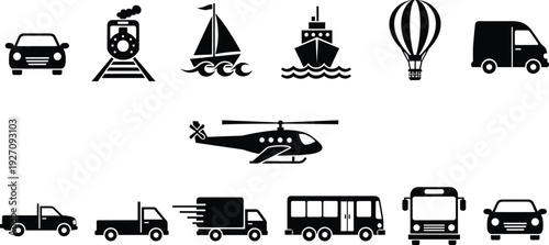 Transportation and Vehicle Icons Set, Car, Train, Ship, Helicopter, Truck, Bus and Hot Air Balloon Black Silhouette Vector Collection