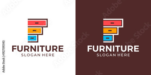 Simple furniture logo design template illustration. Cupboard drawers with initial letter F design graphic vector. Symbol, icon, creative.