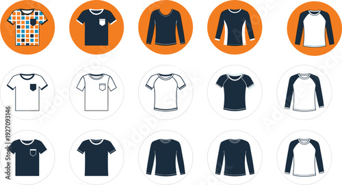 Tshirt and long sleeve shirt icon set collection, casual apparel templates with pocket and raglan styles, flat vector clothing mockup isolated background