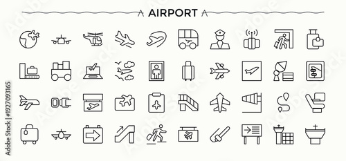 Airport icon collection. Containing air, ticket, plane, travel, flight, airplane, transport and more. Vector outline icons collection. Editable stroke. Pixel Perfect. Air Bus line icon set.