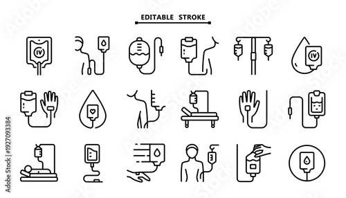 IV Equipment Icon Set: Outline Symbols for Infusion Pump, Drip Stand, Saline Bag and Intravenous Line Setup