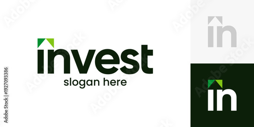Invest logo design wordmark. Integrated growth arrow above the letter in, investment, accounting and marketing logo design graphic vector. Symbol, icon, creative.
