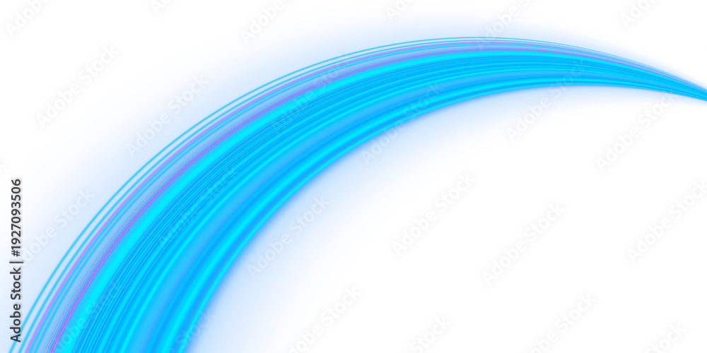 Obraz premium Neon blue curved wave light streak overlay with glowing dynamic speed ray effect isolated on transparent background for futuristic abstract design