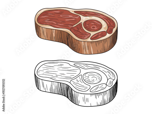 Raw beef steak with marbling and bone in colored and line styles meat food