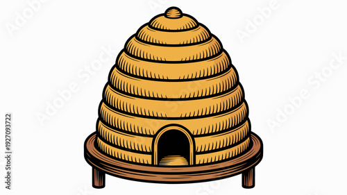 Traditional straw beehive with arched entrance a wooden stand isolated white honey
