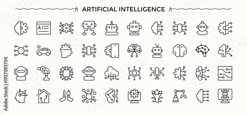Artificial Intelligence icon set. Outline icons collection. Ai icon set. Included automation, robot, technology, bot, intelligence, digital, future and more.