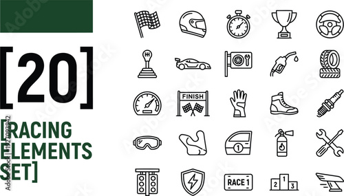 Racing Elements Line Icon Set – Motorsport and Speed Editable Stroke Outline Vector Collection