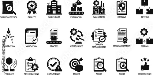 A collection of twenty icons representing business concepts and processes, displayed on a clean white background, viewed from directly above.
