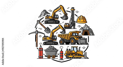 Mining and construction equipment illustration, showcasing various machinery and tools.