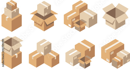 Box Icon Set – Open and Closed Shipping Package Collection 3D Parcel Vector Illustration
