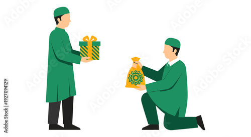 Vector illustration of two men exchanging gifts