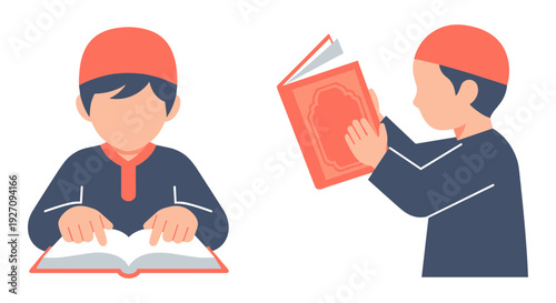 Set of 2 boys reading book vector icons