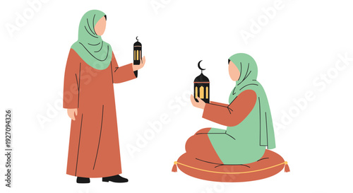 Vector illustration of two women in hijab holding lanterns