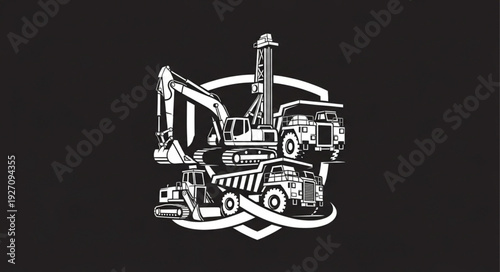 Heavy construction equipment illustration featuring excavator, trucks, and drilling rig.