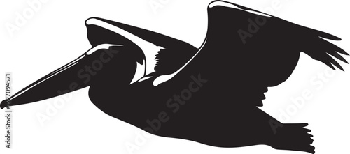 Pelican in silhouette on white background.