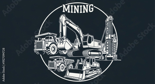 Mining industry illustration featuring heavy machinery and equipment in a circular design.