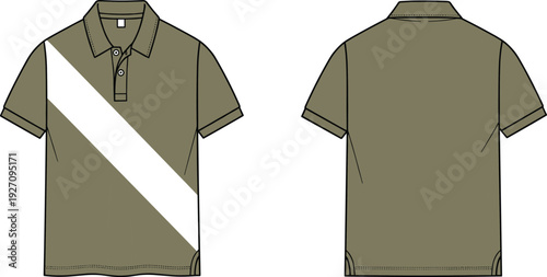 Olive green polo shirt with white diagonal stripe front and back view white stripe short sleeve