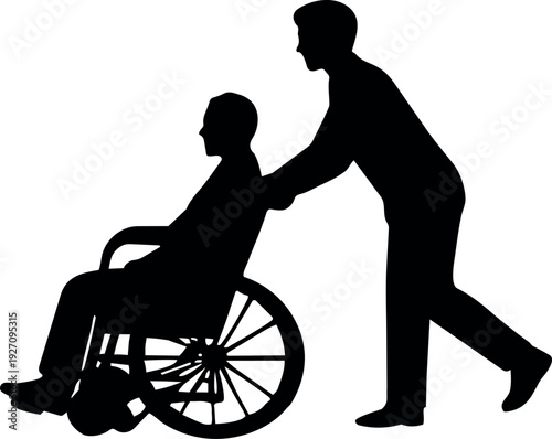 The silhouette depicts a man pushing another man sitting in a wheelchair