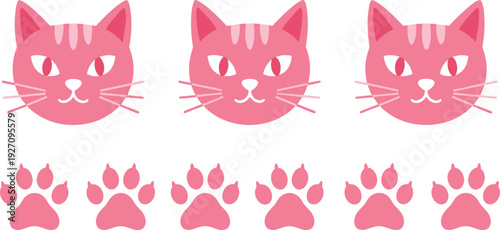 Pink cat faces and paw prints on white background cat paw