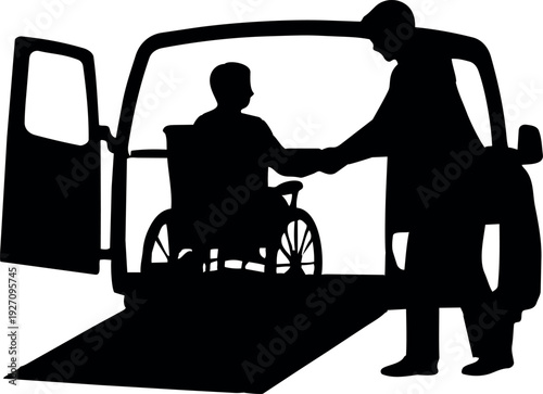 silhouette illustration shows a caregiver assisting a person in a wheelchair into an accessible van using a ramp.