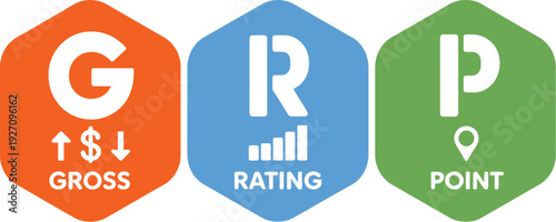Business finance icon set. Includes gross, rating, point symbols. Created in modern style with colorful palette.