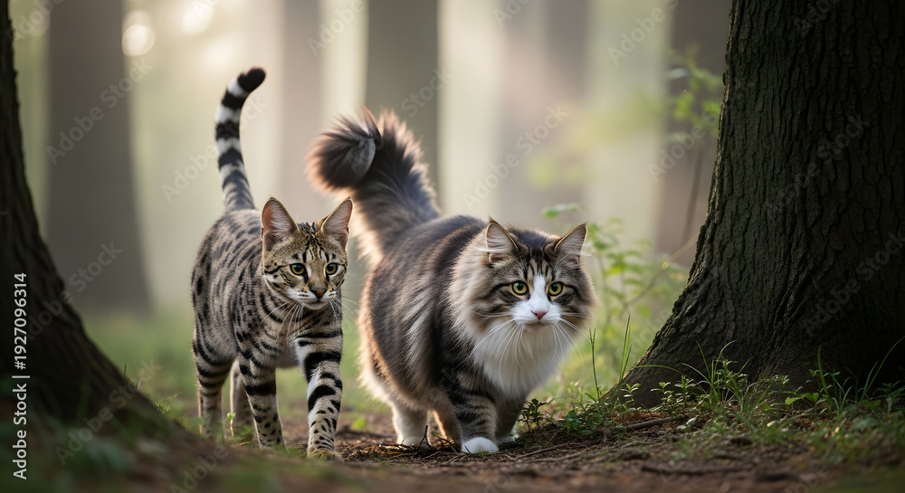 Obraz premium Two cats walking through a forest with trees and greenery, viewed from a slight distance.