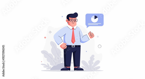 A person in formal attire stands with a thumbs-up gesture, a pie chart symbol in a speech bubble