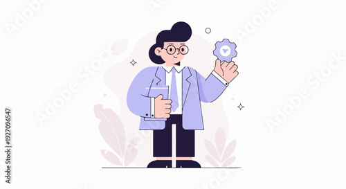 Confident person in business attire holds a gear, symbolizing control and success
