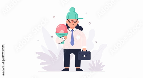 Stylized person in formal attire and casual headwear enjoys a frozen treat, holding a briefcase