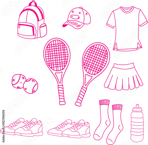 Collection of pink hand drawn doodle icons representing essential gear and apparel needed for playing a competitive game of tennis outdoors or indoors.