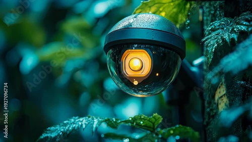 Wet surveillance dome capturing ambient light, surrounded by damp greenery, depicting technological observation in natural environment.