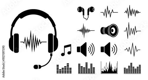 Audio icons set with headphones sound waves and equalizer bars
