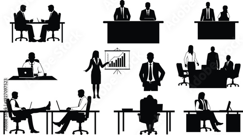 Business people silhouettes set showing office work meeting presentation and corporate teamwork isolated vector