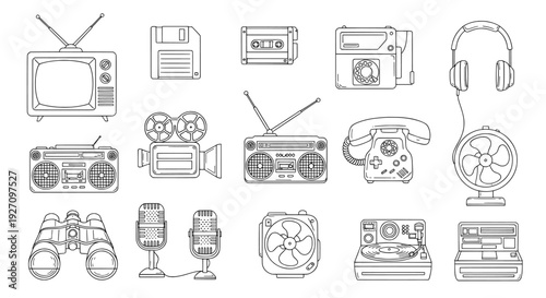Retro technology and media icons collection line art drawing
