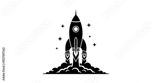 Rocket ship launch silhouette with stars and exhaust cloud