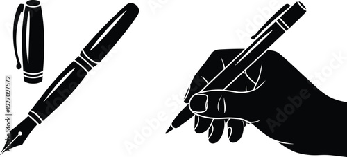 Fountain pen and hand writing silhouette set, black ink signature vector illustration, office stationery icons isolated on white background for business and education design